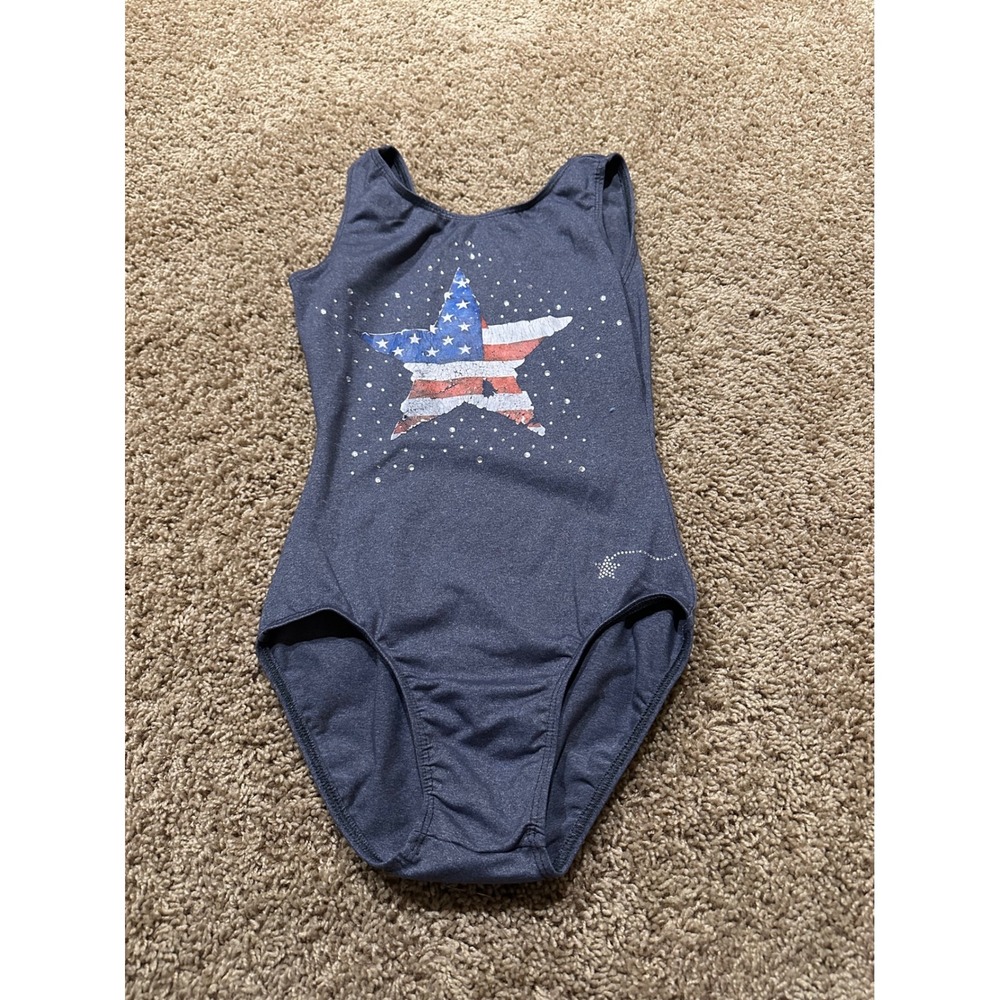 Girls XS Patriotic American Flag Star Rhinestone Gymnastics Leotard Navy‎ Blue